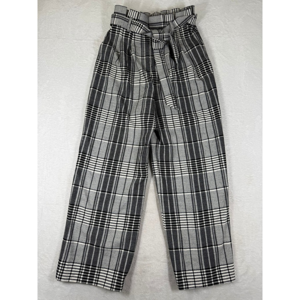 Alice + Olivia Classics Plaid Paperbag Waist Wide Leg Trousers Black White 4